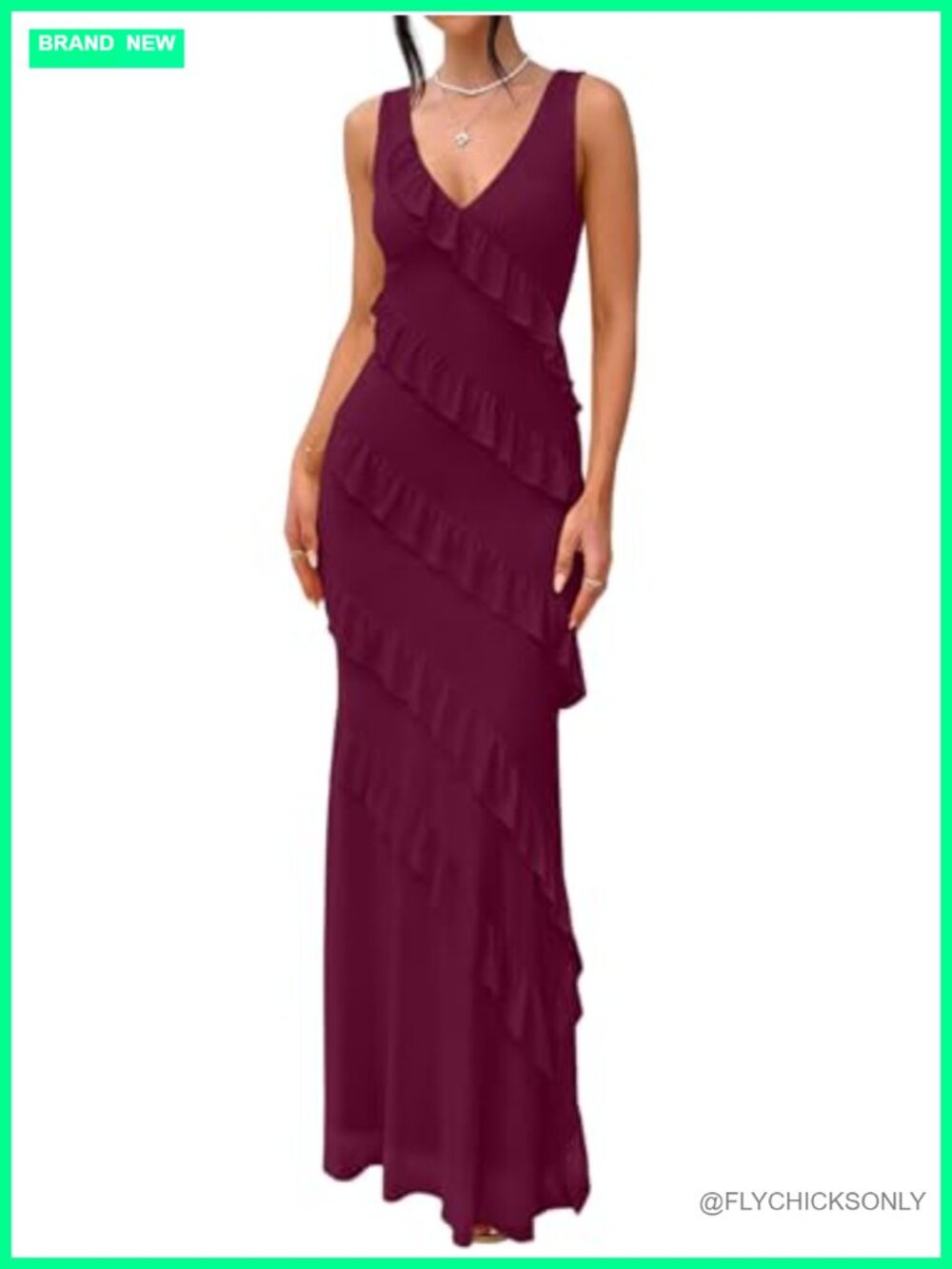 Sexy Mesh Ruffle Maxi Cocktail Wedding Guest Dress V Neck Backless